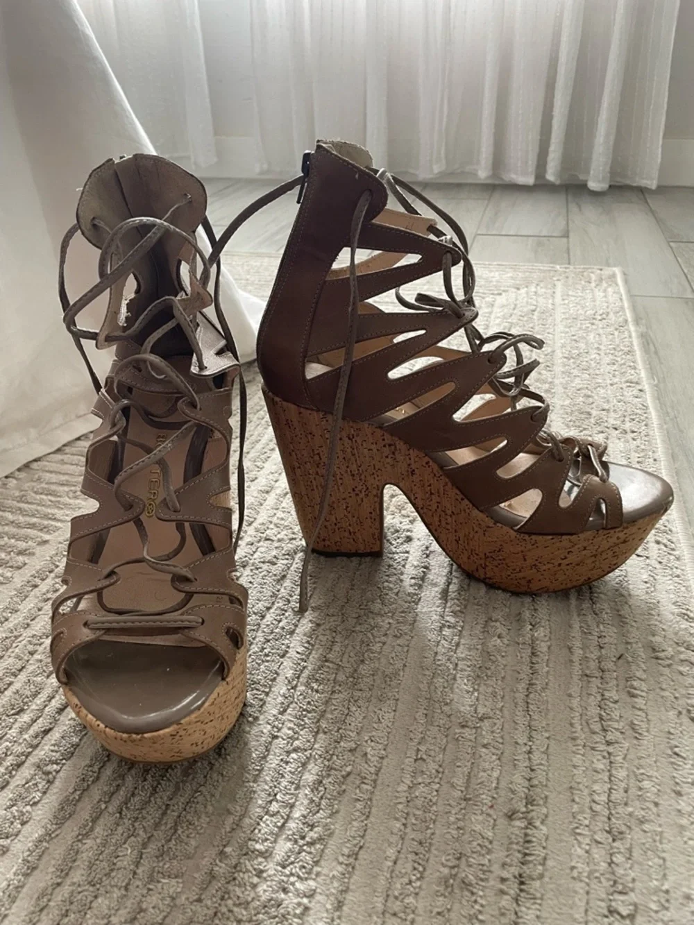 BOTTER Taupe Lace-Up Cork Platform Heeled Sandals